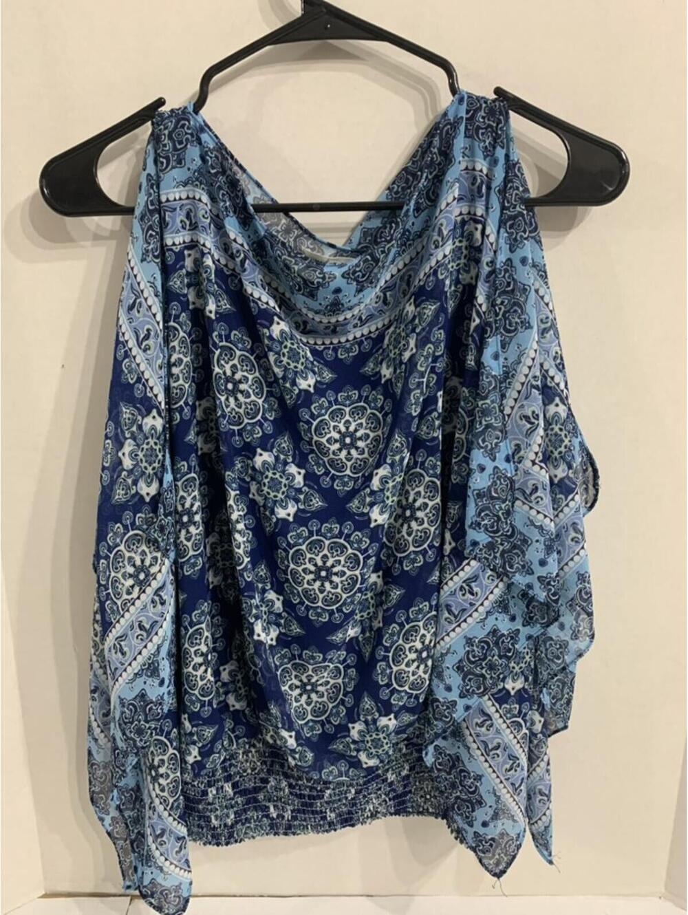 Max Studio Womans Size Medium Peasant Style Blue Black Blouse Top